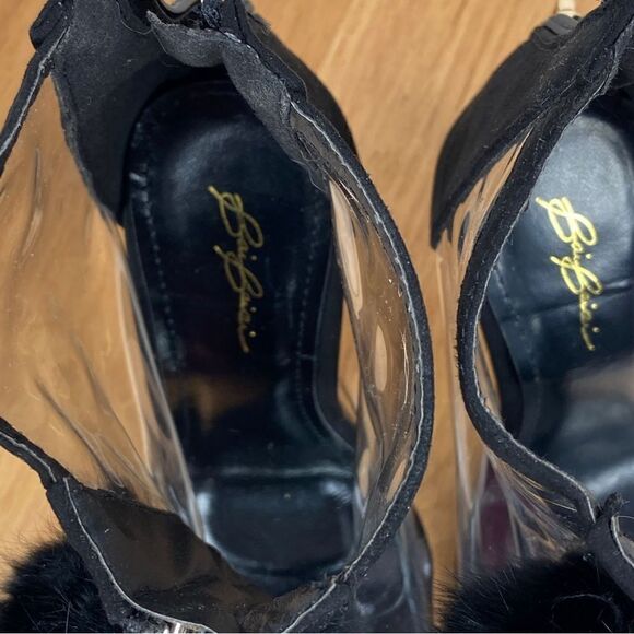 Bai Beiai Clear Peep Toe Heeled Ankle Boots PomPom Zipper Front Black 6 - Picture 10 of 12